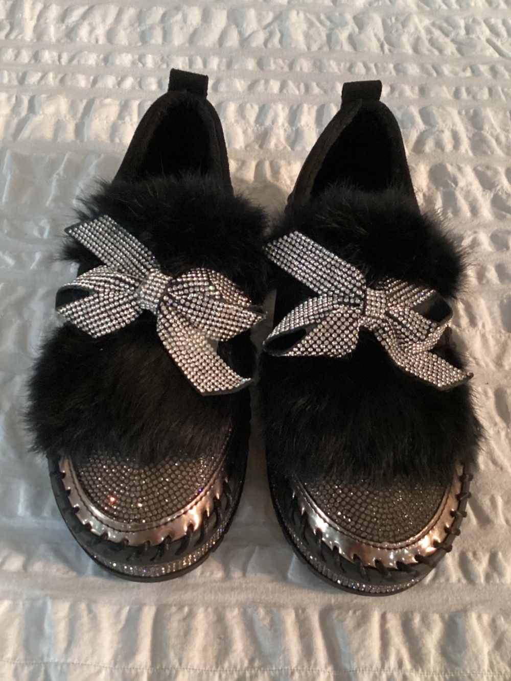 Glitz Faux Fur Sparkly Rhinestone Bowknot Thick Sole Loafers Size 5 EU 36